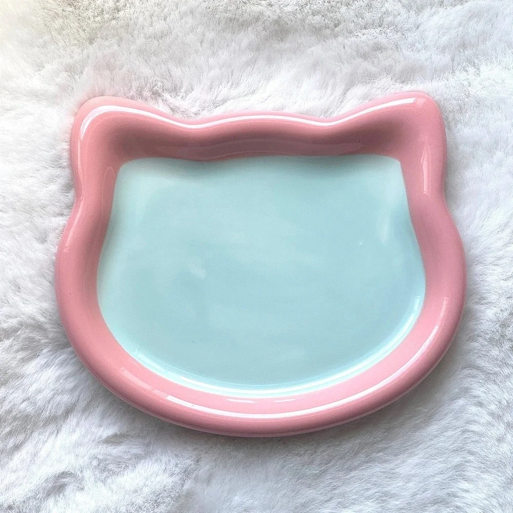 New Ceramic Cat Plate Whisker Fatigue Friendly Pastel Pink Blue Kitty Dish